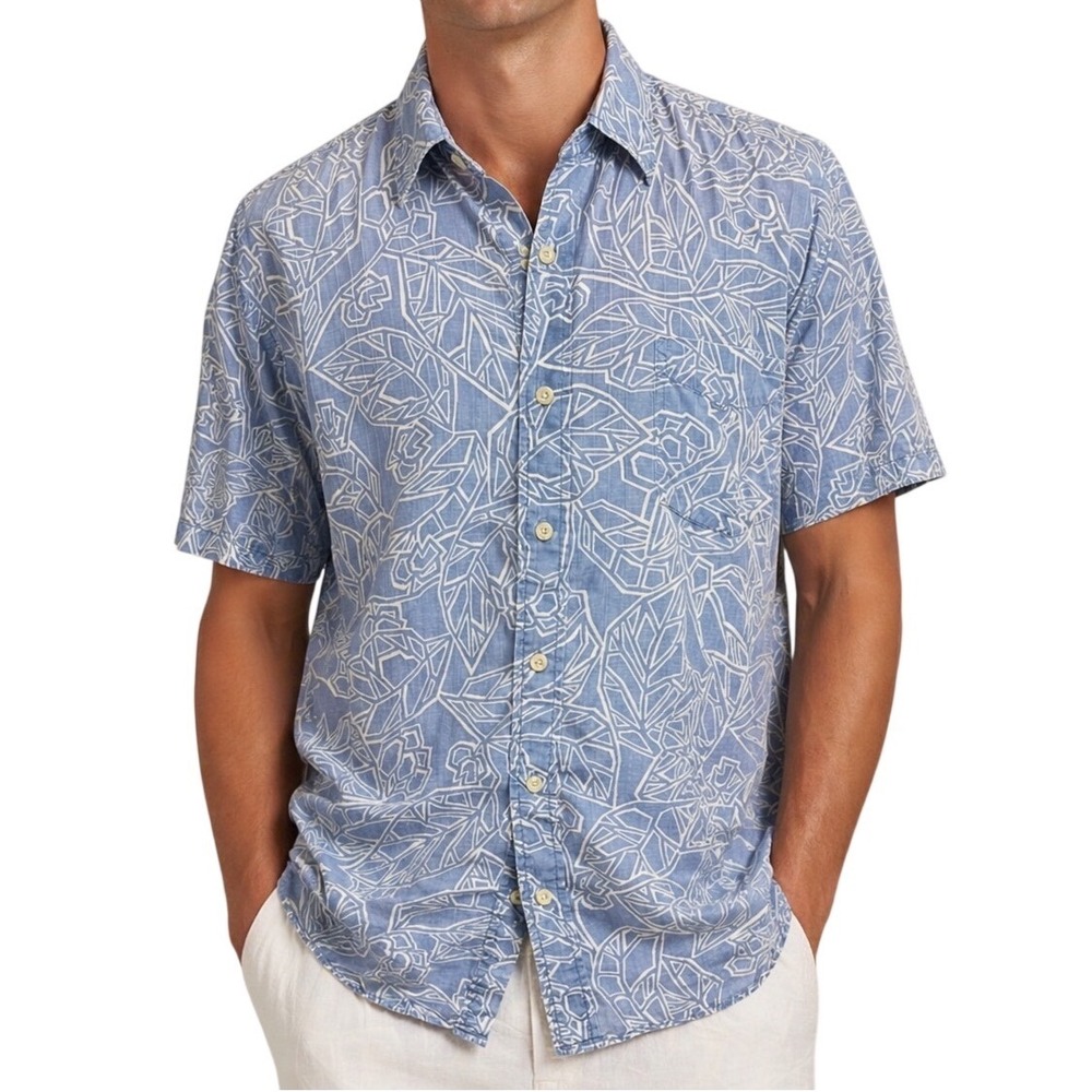 Reyn Spooner Mens Large Blue Leaf Hawaiian Shirt Cotton Tencel Short Sleeve